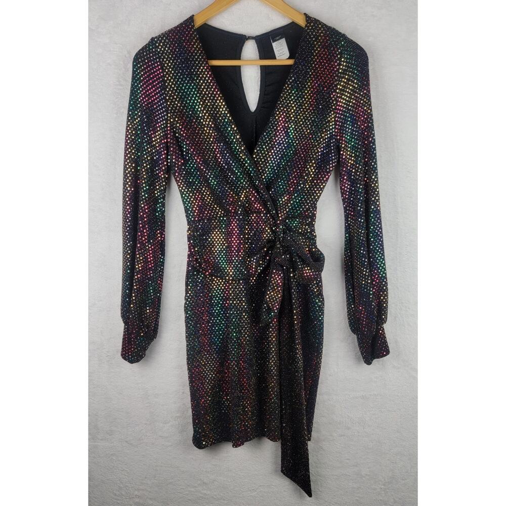 Sz M Evening Wrap Mini Dress Long Sleeve Colorful Sequins Date Night Party Club